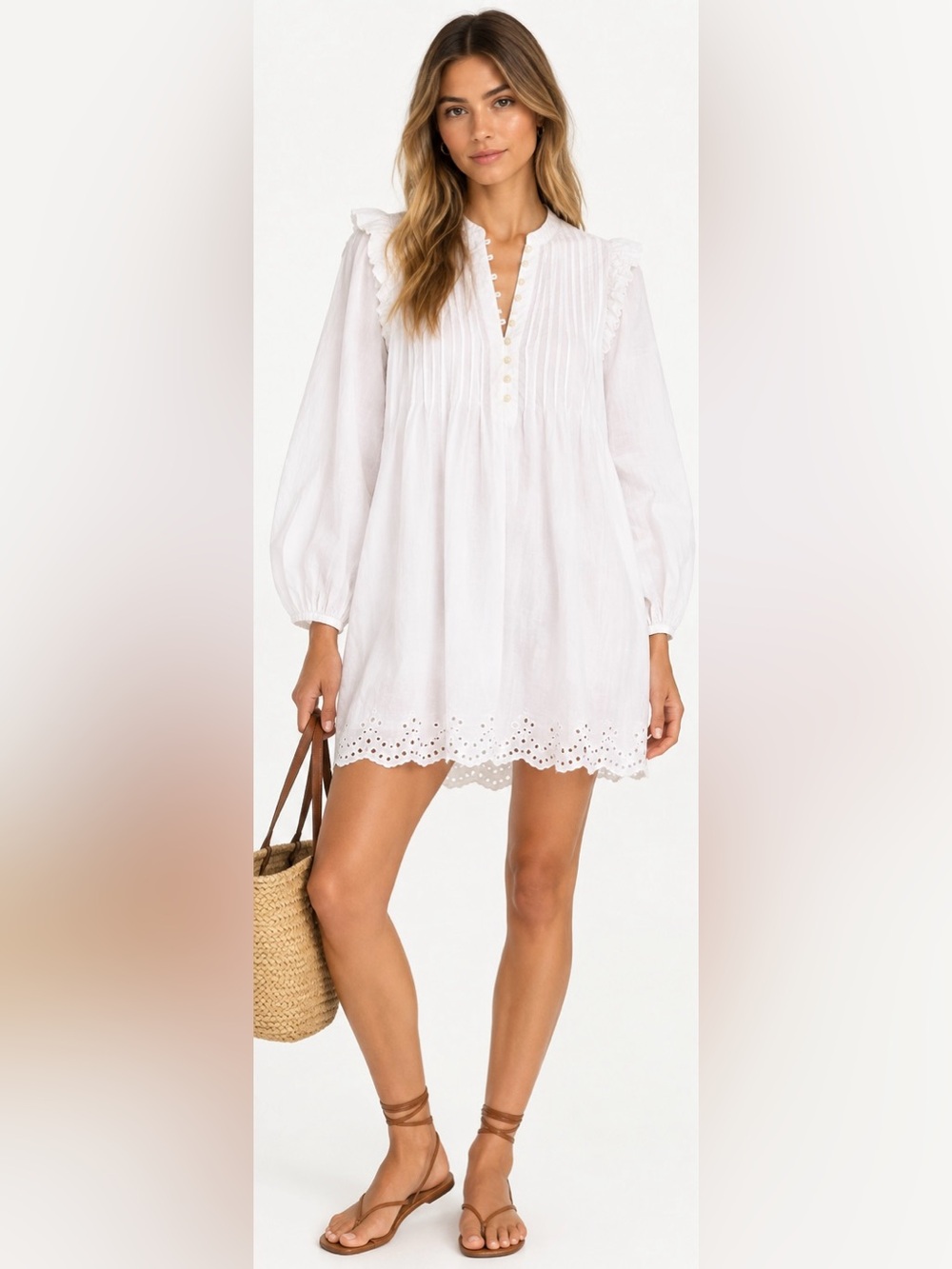 Aritzia Little Moon White Cotton Pintuck Eyelet Mini Dress Tunic Boho Romantic